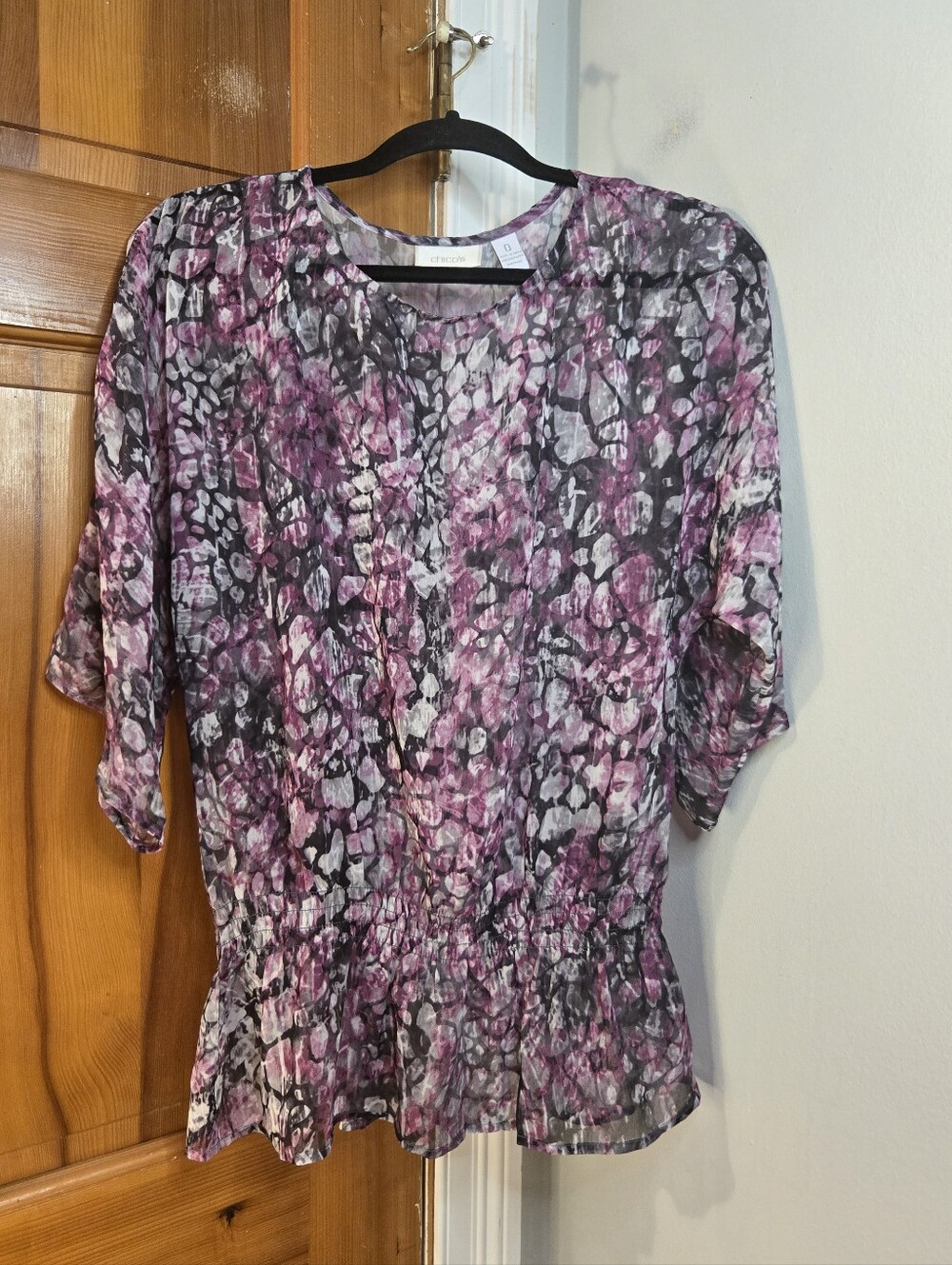Chico's Women's Sheer Floral Gathered Waist Blouse